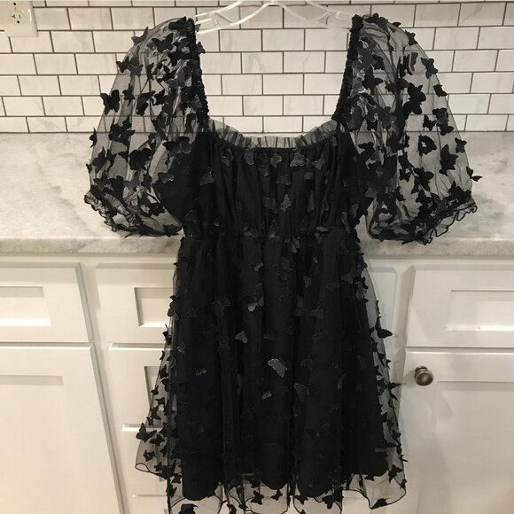 THRTY THIRTY Dress Womens Medium Black Mesh Butterfly Applique Puff Sleeve Mini - Picture 4 of 11